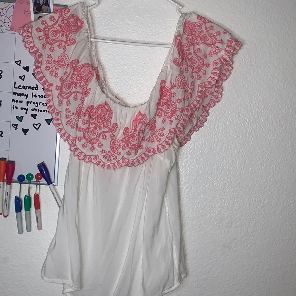 Mexican style off the shoulder pink and white top